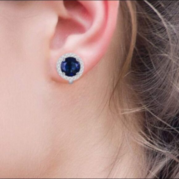 8mm Simulated Sapphire Clip On Stud Earrings - Picture 5 of 7